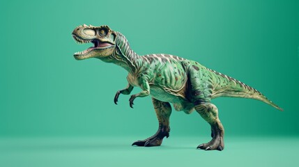 A realistic 3D rendering of a Tyrannosaurus Rex dinosaur standing on a green background.