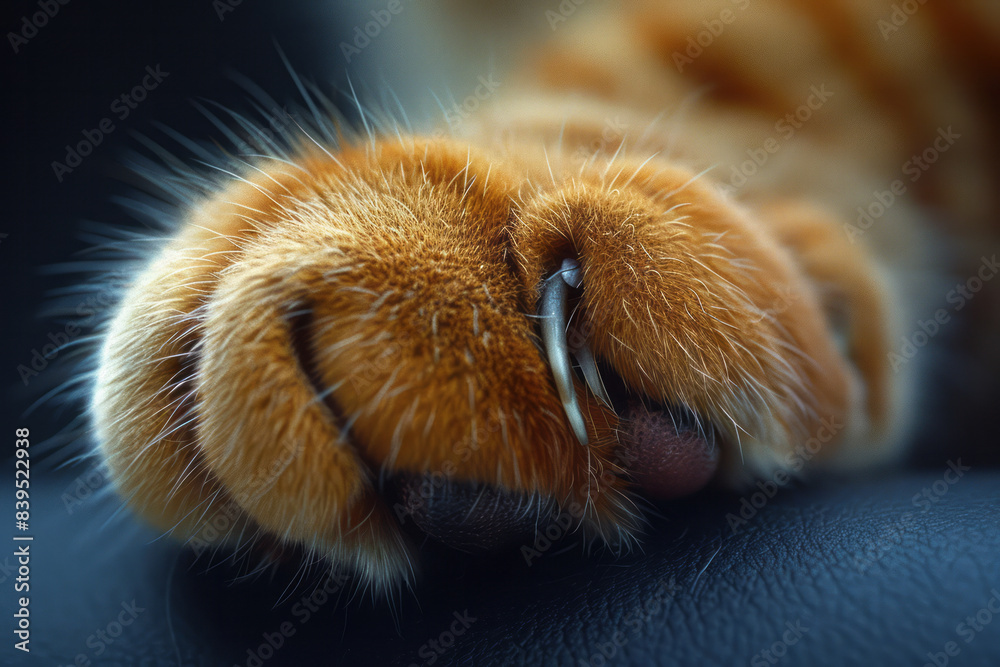 Poster a macro shot of a himalayan cat paw with long, fluffy fur and dark pads, capturing the luxurious tex