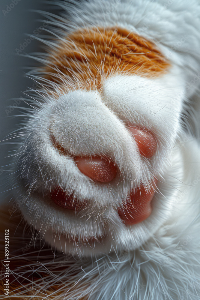 Poster a detailed image of a maine coon cat paw with tufted fur and large pads, showcasing the fluffy textu