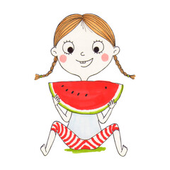 Cartoon girl siting on grass, looking at large piece of watermelon that she holding in hands. Girl character eating watermelon. Isolated illustration for packaging design, cards, t-shirts