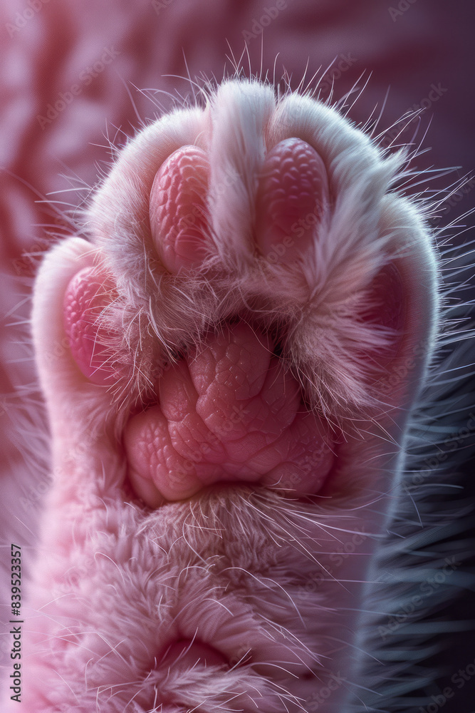Poster a detailed image of a devon rex cat paw with curly fur and pink pads, showcasing the unique fur text
