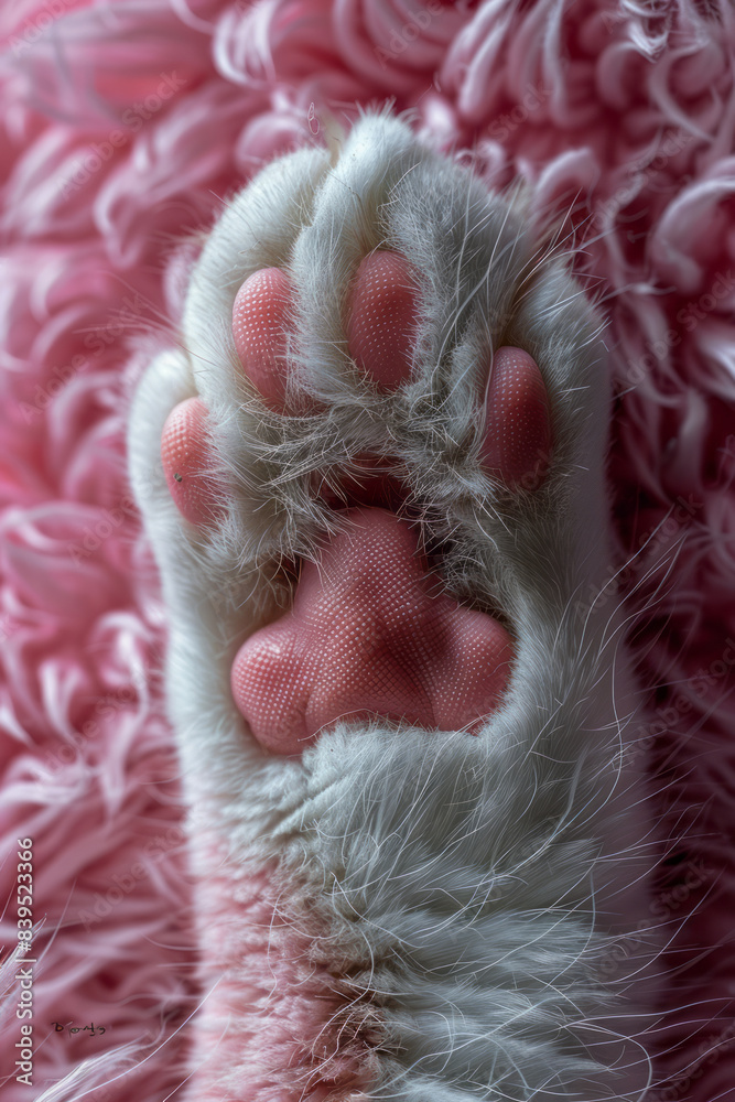 Poster a detailed image of a devon rex cat paw with curly fur and pink pads, showcasing the unique fur text