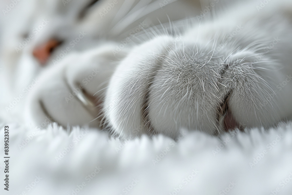 Poster a close-up of a birman cat paw with white gloves and darker fur, capturing the elegant appearance,