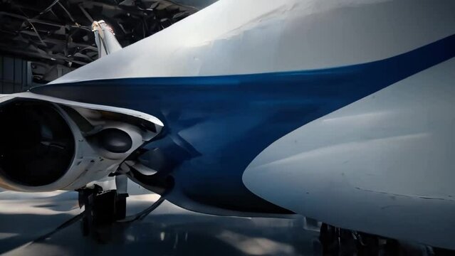 Commercial aircraft parked in hangar