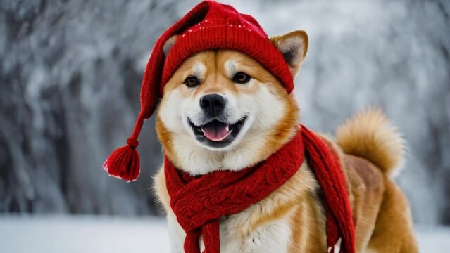 Akita Inu dog in scarf and hat walks in snow