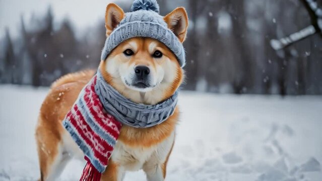 Akita Inu dog in scarf and hat walks in snow