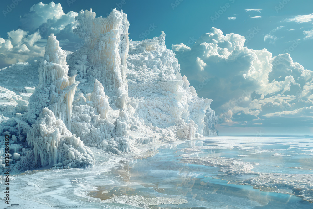 Aufkleber an artistic rendering of a landscape transformed by salt, with crystalline structures emerging from 