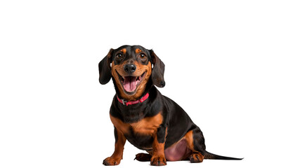 Obraz premium A small Dachshund breed dog with a pink collar is sitting on a white background.