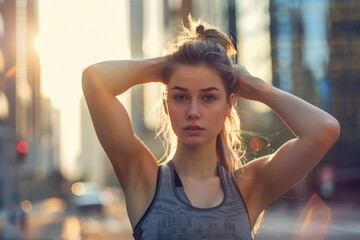 Description: Join the bustling city streets as a young woman prepares for her morning jog against