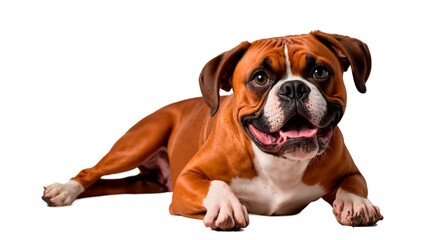 Obraz premium A brown and white Boxer breed dog is lying on a white background.