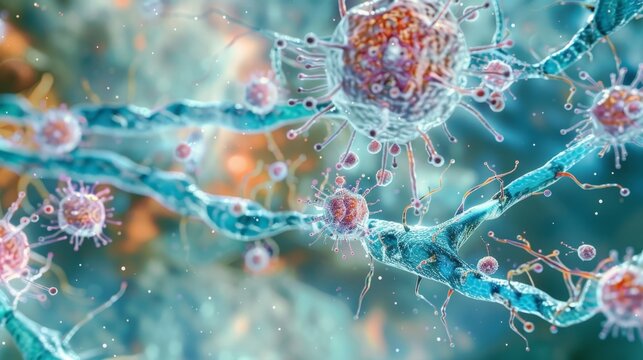 A group of dendritic cells surrounding a damaged tissue preparing to present antigens and mount an immune response