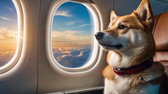 Cute Akito Inu dog sits on airplane and looks out window at sky