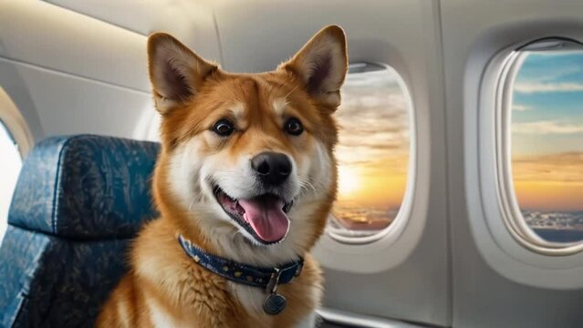 Cute Akito Inu dog sits on airplane and looks out window at sky