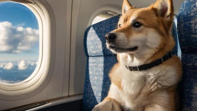 Cute Akito Inu dog sits on airplane and looks out window at sky