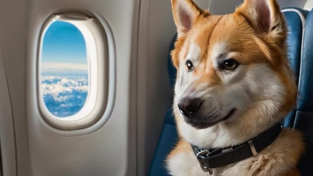 Cute Akito Inu dog sits on airplane and looks out window at sky
