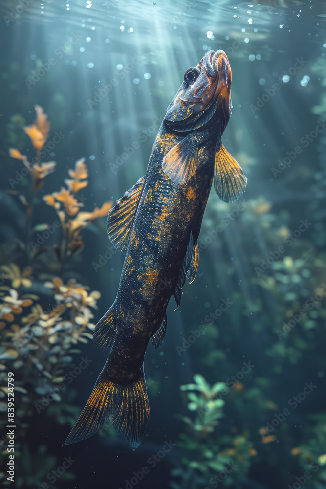 Poster a visual of the first jawed fish, placoderms, swimming in ancient waters during the devonian period,