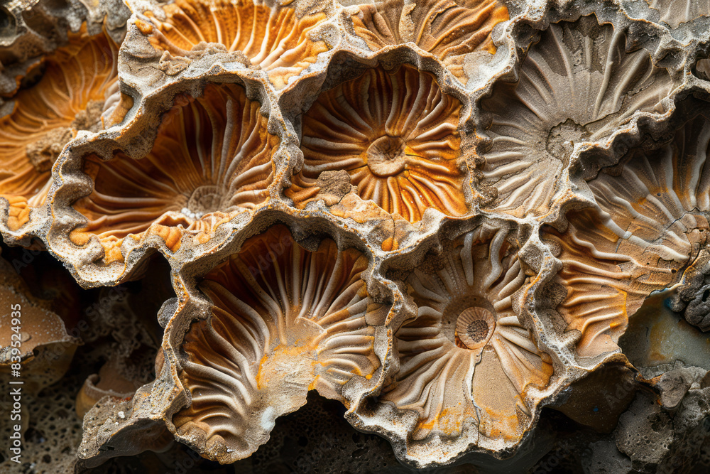 Poster A close-up of fossilized coral from the Paleozoic, highlighting the intricate patterns and textures,