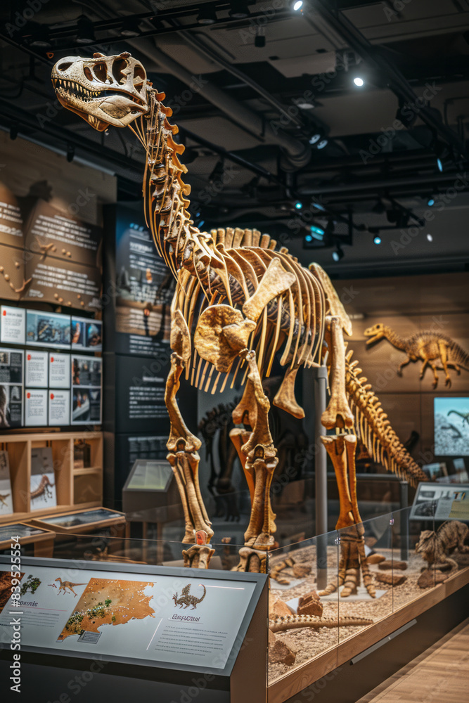 Poster a detailed exhibit showcasing a complete skeleton of a brachiosaurus, with information panels and in