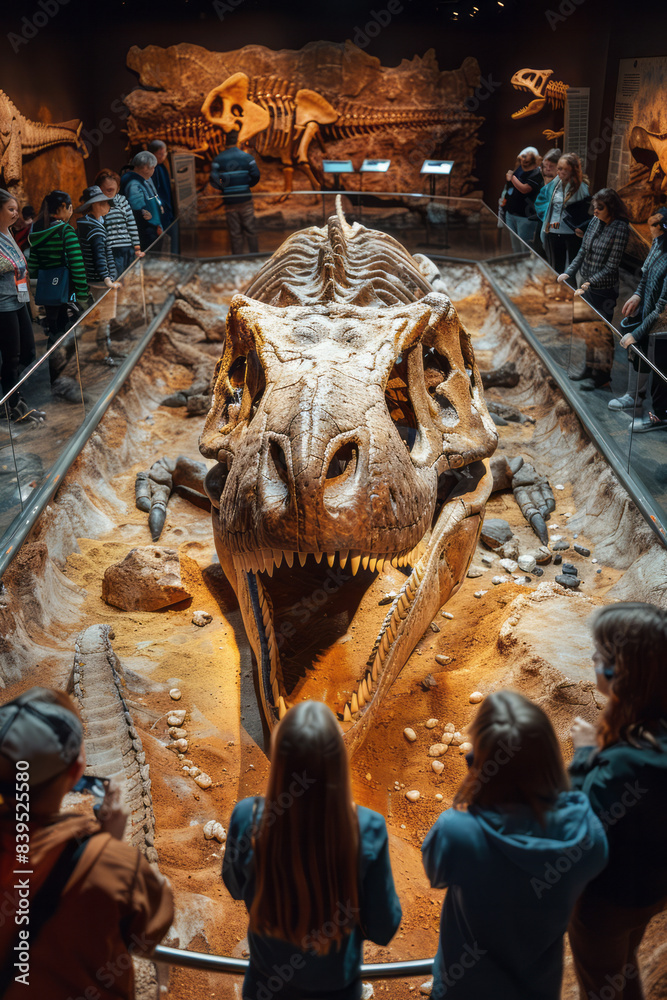 Aufkleber An interactive exhibit where visitors can simulate a dinosaur dig site, uncovering fossils with virtual tools,