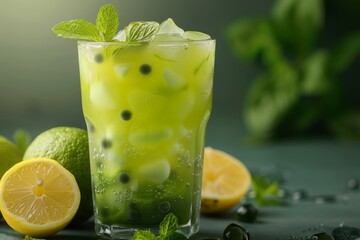 Fototapeta premium Mint lemon bubble tea in glass