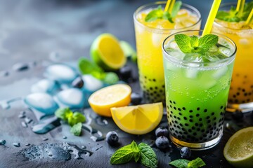 Fototapeta premium Mint lemon bubble tea in glass