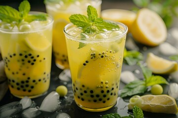 Fototapeta premium Mint lemon bubble tea in glass