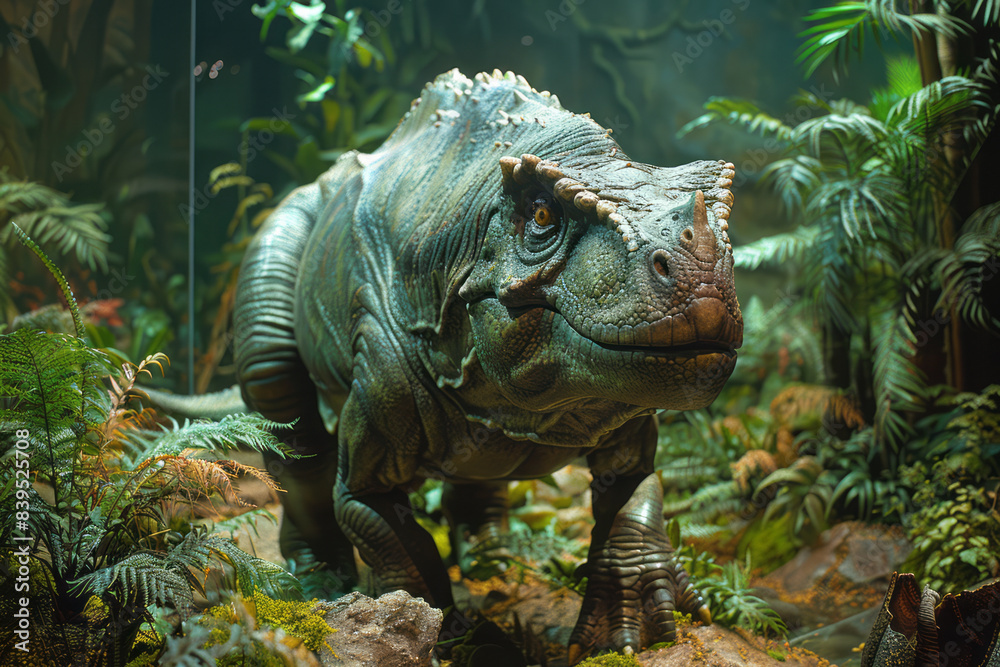 Poster a vr exhibit allowing visitors to experience a day in the life of a dinosaur in a prehistoric ecosys