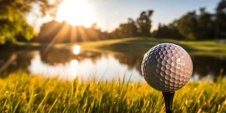 Closeup shot of golf club striking ball at impact on golf course. Concept Golf Swing, Closeup Shot, Ball Impact, Golf Course, Action Shot
