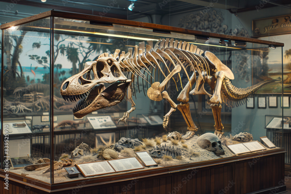 Poster an exhibit highlighting the diversity of dinosaur species, with comparison charts and fossil replica
