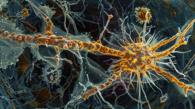 Microscopic view of a glial cell extending its long filamentous processes to surround and nourish a nearby neuron
