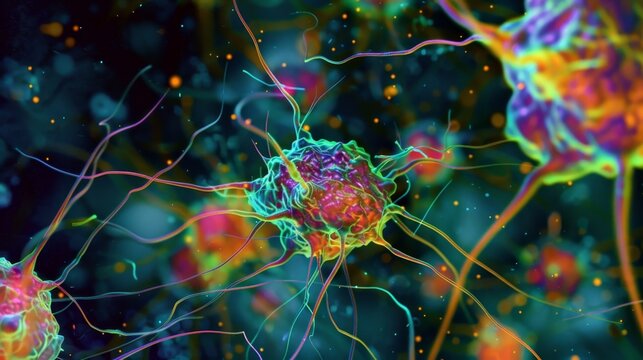 Highmagnification confocal image of activated microglia releasing inflammatory cytokines showcasing their immuneregulatory function
