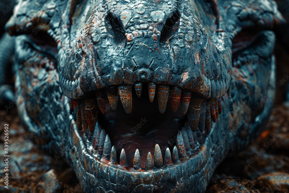 Poster a close-up of a t-rex skull, showing the sharp teeth and powerful jaw structure,