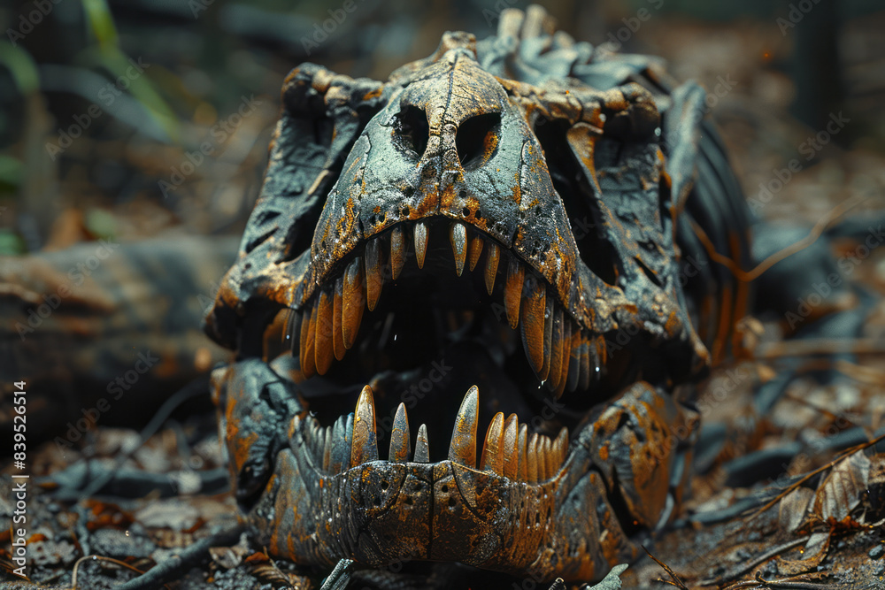 Poster a close-up of a t-rex skull, showing the sharp teeth and powerful jaw structure,