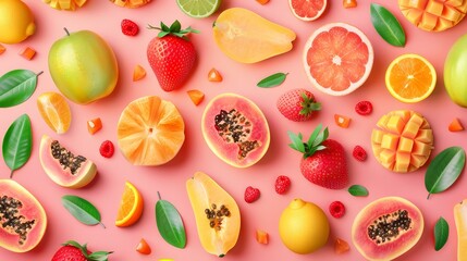 Pastel background with a pattern of vibrant tropical fruits, raw and fresh, minimalistic design, photorealistic, vibrant, overlay, seamless pattern