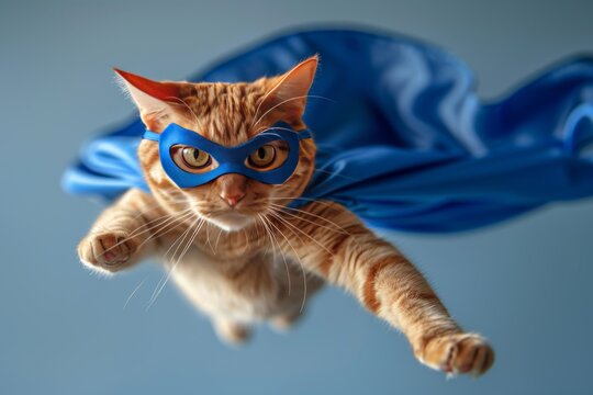 Superhero cat  orange tabby in blue cape flying on light blue background, embodying superpowers