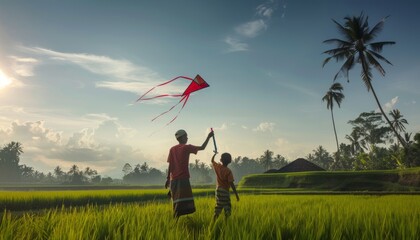 Father-Son Bonding: Kite Flying in Bali's Rice Fields