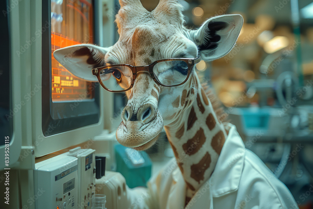 Poster a giraffe wearing a lab coat and glasses, conducting an experiment in a high-tech laboratory,
