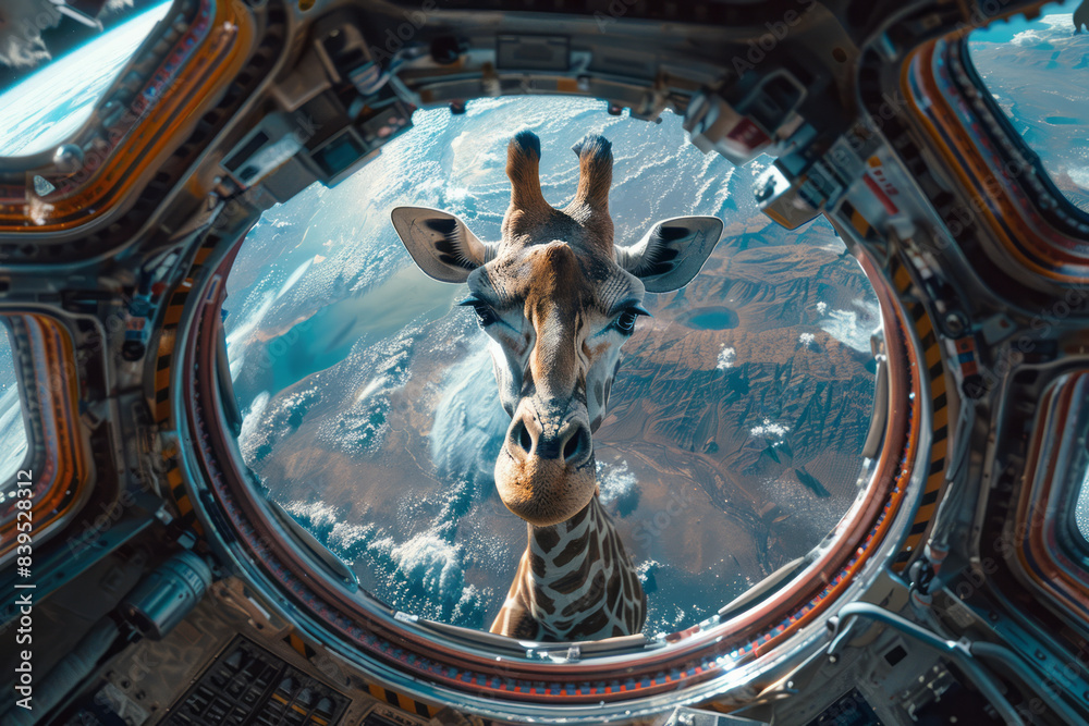 Poster A giraffe in a space suit, floating in a spaceship with a view of Earth,