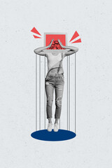 Vertical collage poster headless woman computer screen digital device addicted user social media...