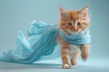 Superhero cat in action  orange tabby kitty with blue cape and mask soaring on light blue background