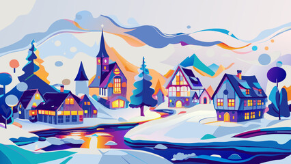 Enchanting Winter Village Landscape with Snow-Covered Houses and Mountains