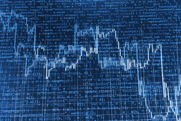 Stock market chart, graph on blue background Code text written and created entirely by myself Live stock trading online Stock graph chart at exchange market screen Green color