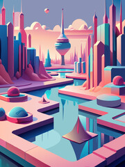 Futuristic Cityscape with Vibrant Sunset and Reflective Waterways