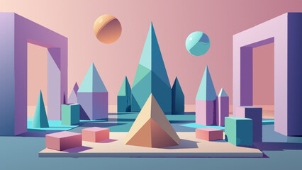 Fototapeta premium Surreal Geometric Landscape with Pastel Tones in a Dreamlike Setting