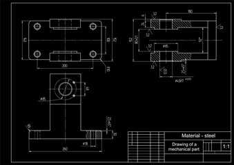 Vector drawing of a steel mechanical part with through holes.
Engineering cad scheme. Mechanic background.