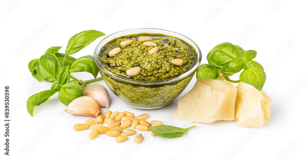 Poster Pesto. Italian basil pesto sauce with culinary ingredients for cooking