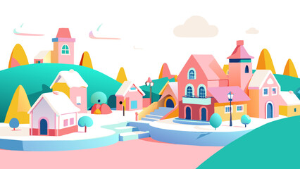 Colorful Cartoon Village Landscape with Pastel Hues