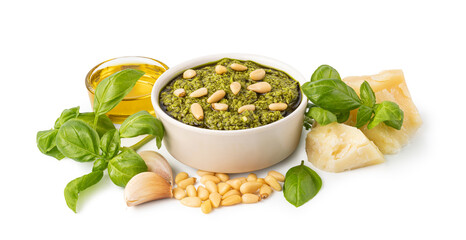 Pesto. Italian basil pesto sauce with culinary ingredients for cooking