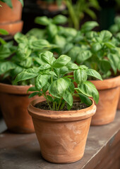 clay pots with young sweet basil plants outside, food growing