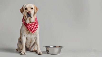 Adorable yellow Labrador Retriever wearing a red checkered bandana, patiently sitting next to an empty metal food bowl against a plain grey background. AI